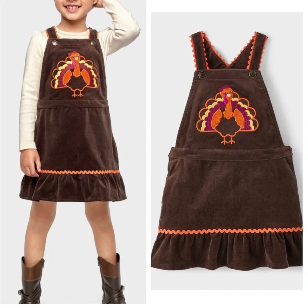 Gymboree Girls Embroidered Turkey Ruffle Corduroy Skirtall Brown Dress Size 8